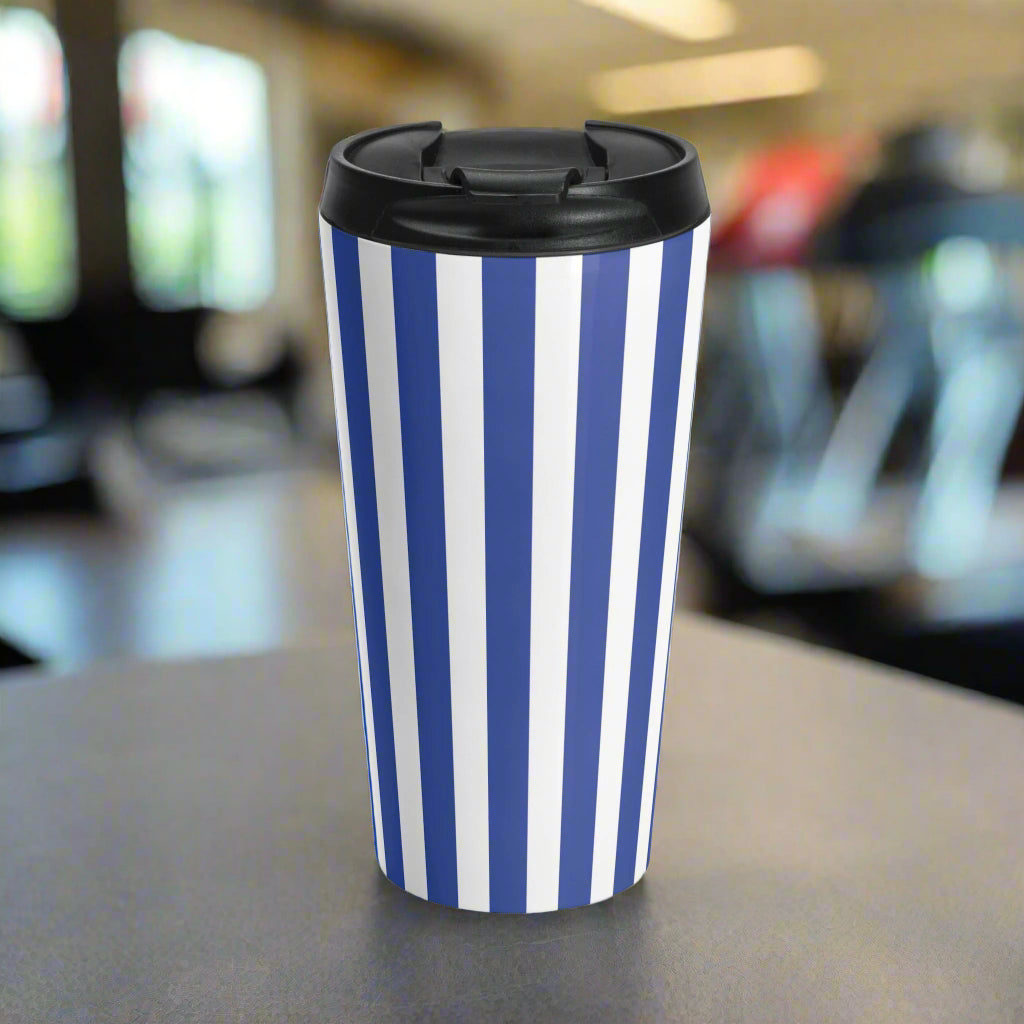 Stylish Vintage Blue Striped Stainless Steel Travel Mug Screw on Lid - 15oz - Mug