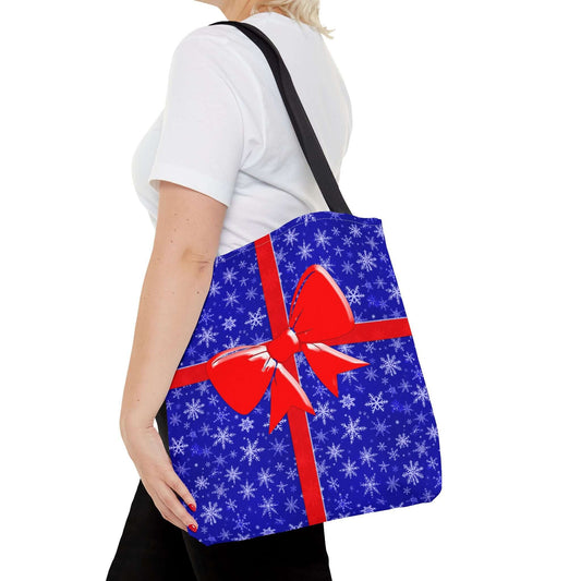 Tote Bag Blue with Red Bow Christmas Present - 16’’ × 16’’ / Black - Bags