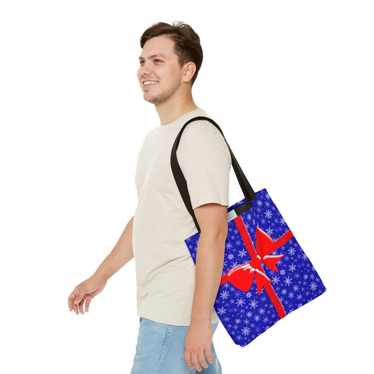 Tote Bag Blue with Red Bow Christmas Present - Bags