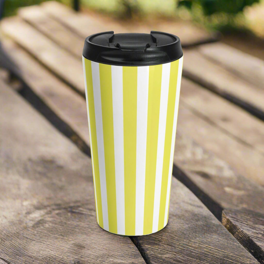 Vintage Bright Yellow Striped Stainless Steel Travel Mug Tumbler Retro Coffee Cup - 15oz - Mug