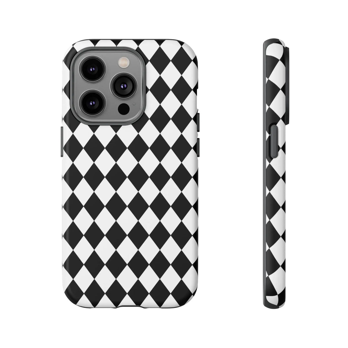 Back side of a sleek white and black dimond tough phone case cover for iphone google and samsung with a protective design