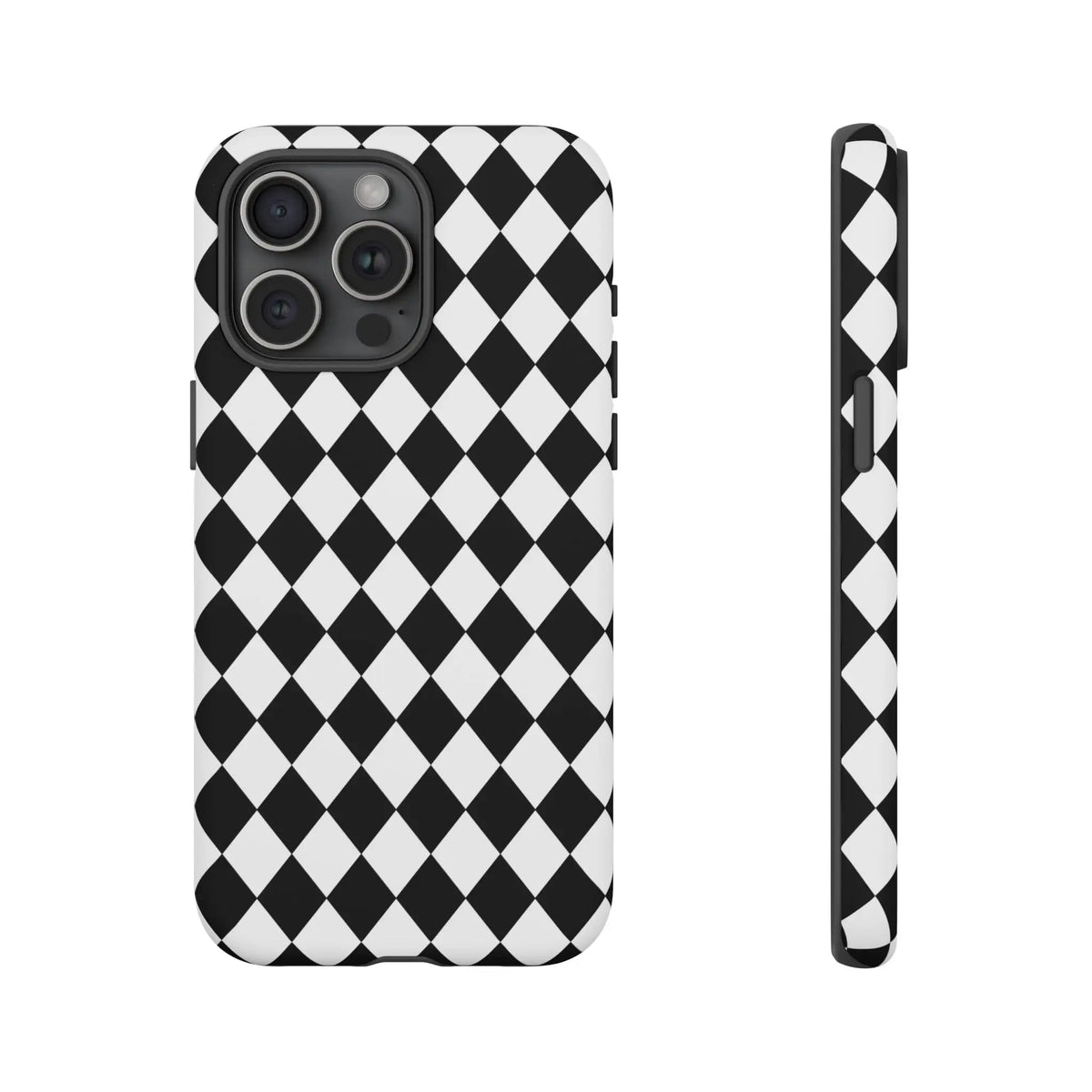 Back side of a black dimond tough phone case cover with white and black diamond pattern for iphone google and samsung