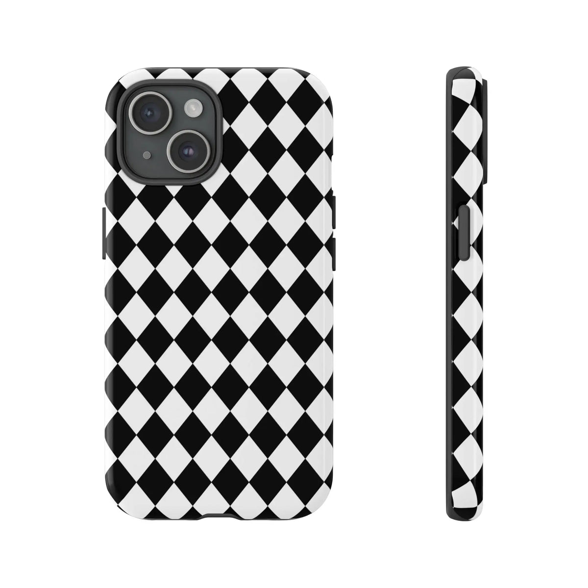 Back side of a black and white diamond tough phone case with sleek protective design for iphone google and samsung phones