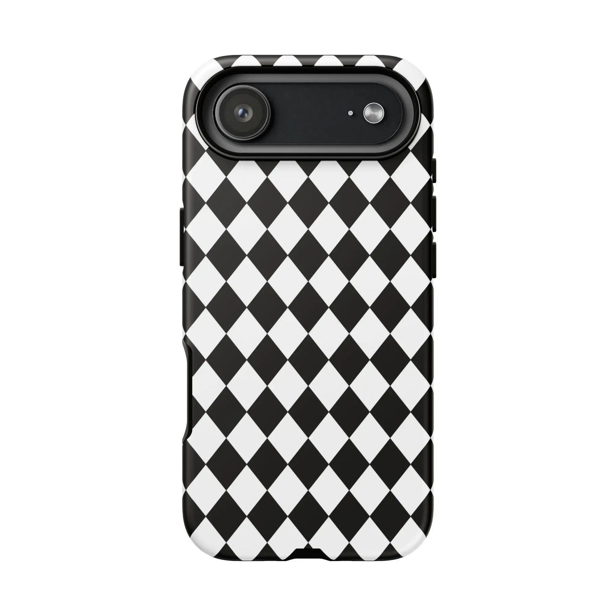 Back view of a black and white diamond tough phone case with a sleek modern design for iphone google and samsung