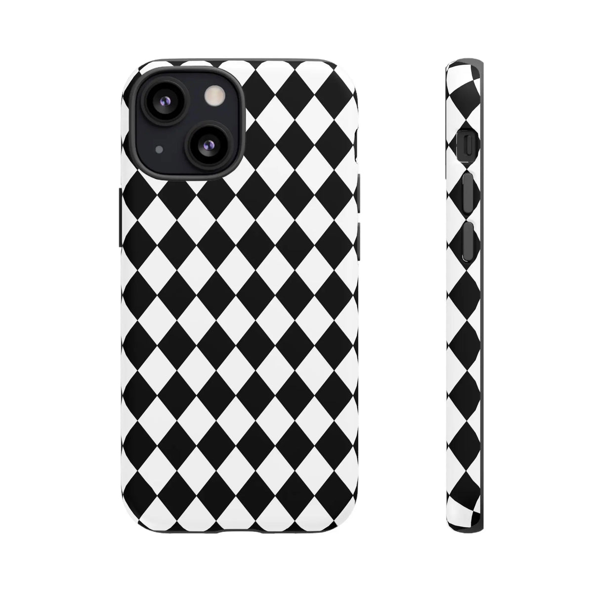Black dimond tough phone case cover with white and black diamond pattern shown from the back for iPhone Google Samsung