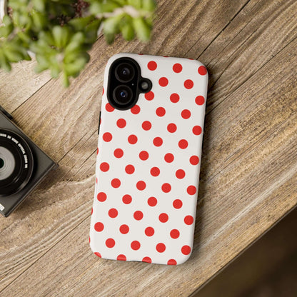 White & Bright Red Polka Dot Tough Phone Case for iPhone, Samsung, and Google Phones