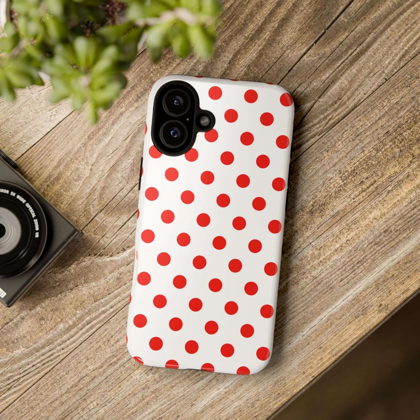 White & Bright Red Polka Dot Tough Phone Case for iPhone, Samsung, and Google Phones