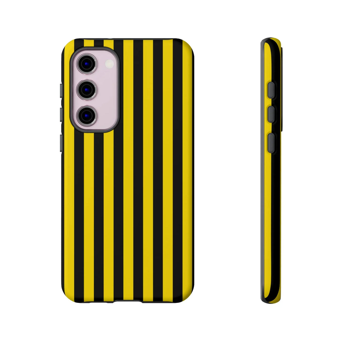 Yellow and black stripe tough case phone case showing the back side with a sleek modern black stripe tough design