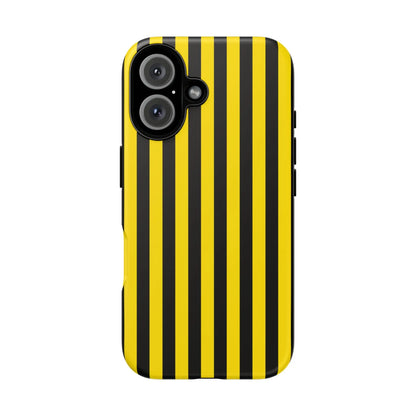 Back side of a vibrant yellow and black stripe tough case phone case with sleek protective design for iPhone Samsung Google