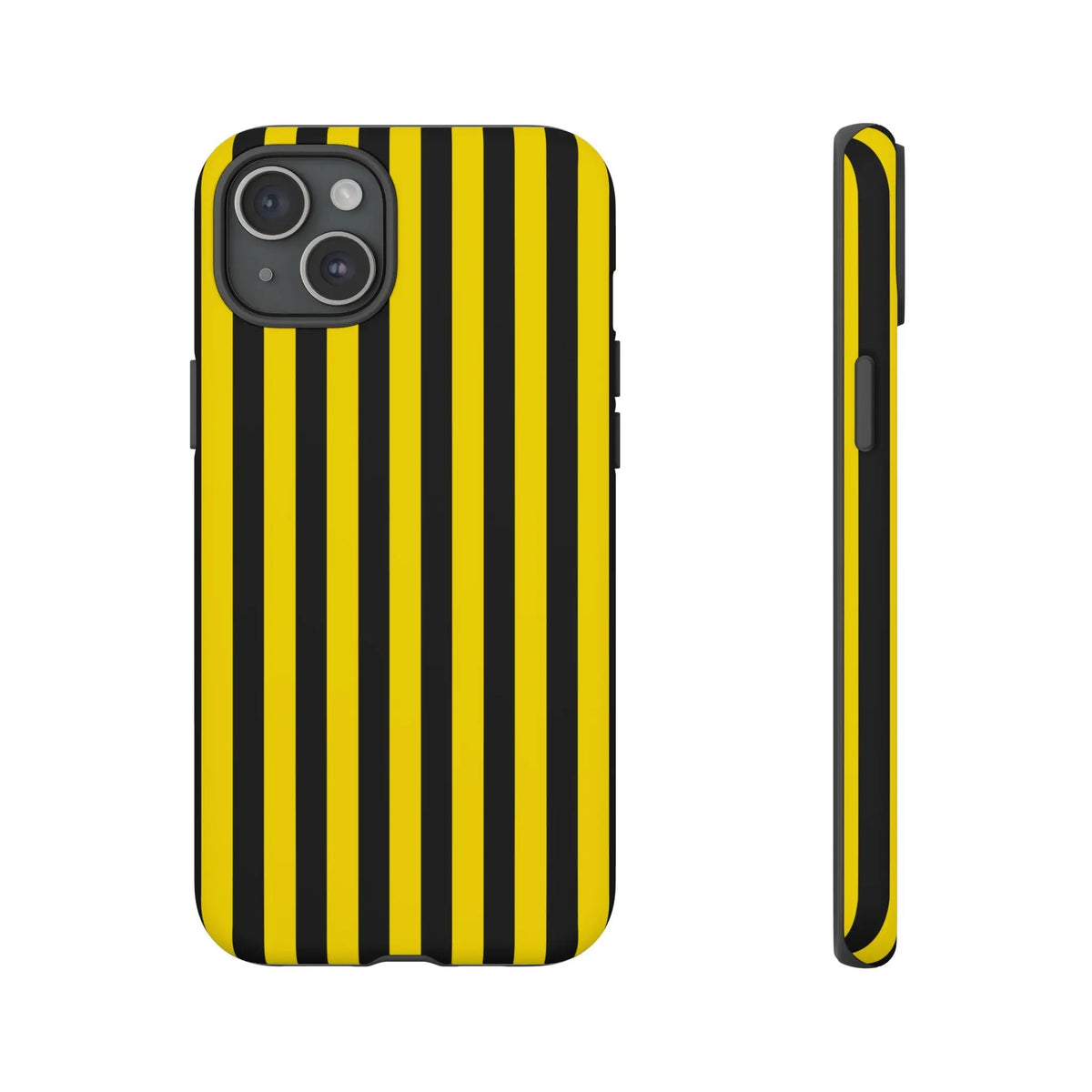 Back side of a vibrant yellow and black stripe tough case phone case with sleek protective design for multiple phones