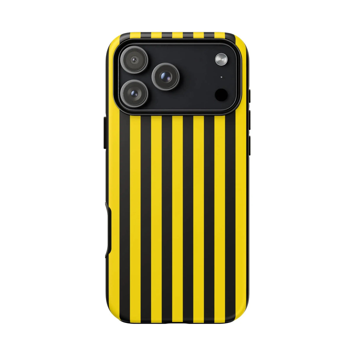 Back side of a bold yellow and black stripe tough case phone case with sleek protective design for iPhone Samsung Google phones