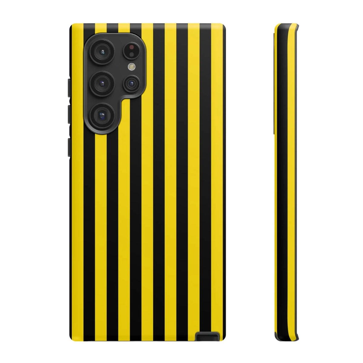 Back view of yellow and black stripe tough case phone case for iPhone Samsung and Google with glossy finish