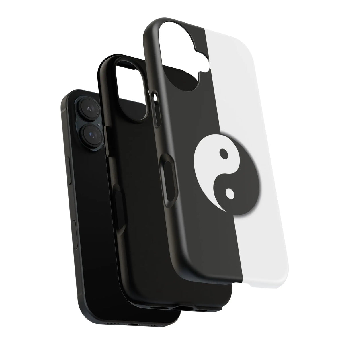Black and white yin yang phone case with glossy finish shown from the back for tough phone protection