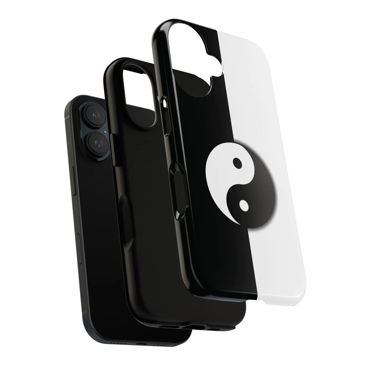Back side of a glossy yin yang black and white phone case with tough durable finish designed for everyday use