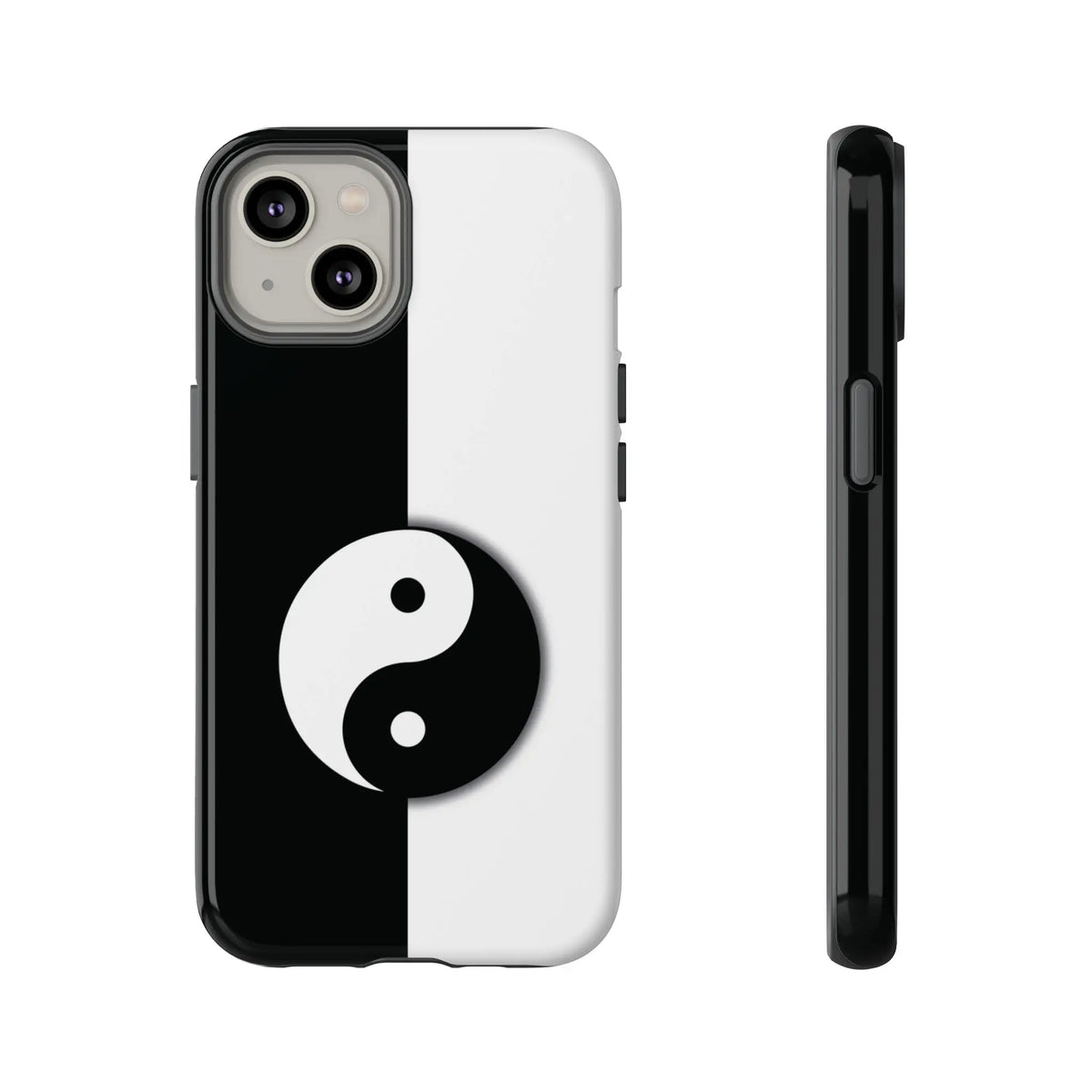 Back view of tough yin yang black and white phone case featuring a centered yin yang symbol on a split design