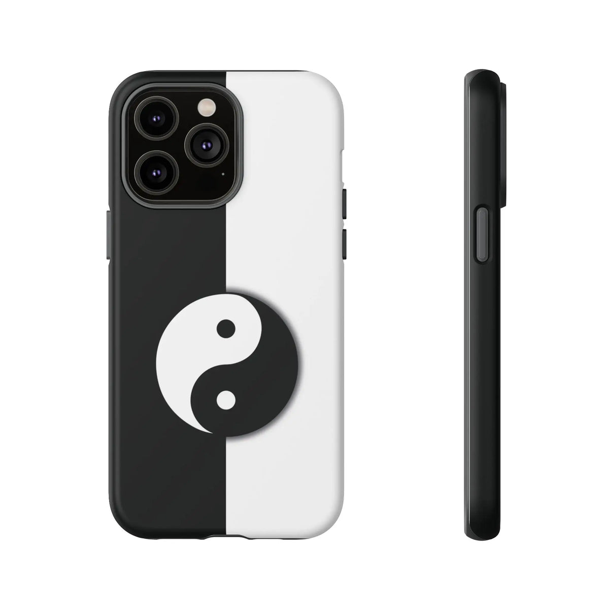 Back side of a tough black and white phone case featuring a centered yin yang black symbol design