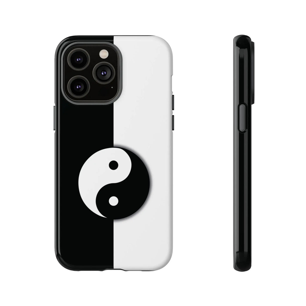 Back side of a glossy yin yang black and white phone case designed for tough cases with a yin yang design