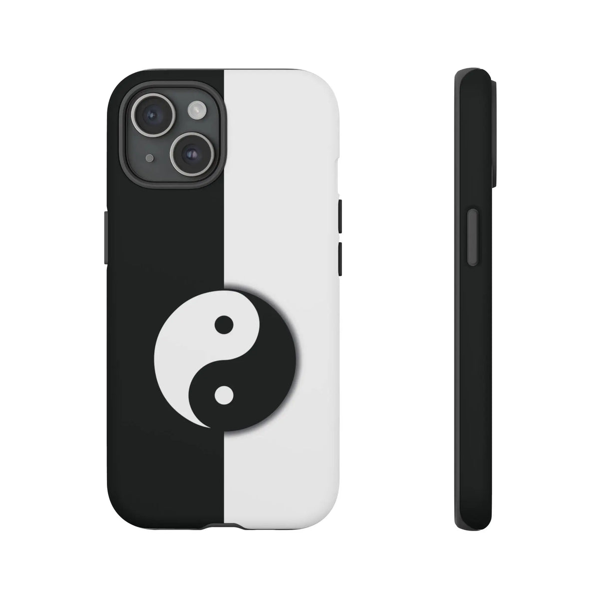 Back of a sleek yin yang black and white phone case with minimalist design for tough case protection