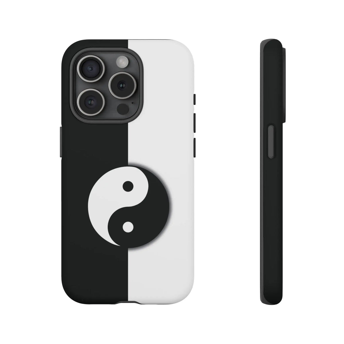Back side of a yin yang black and white phone case with a sleek minimalist design for tough protection