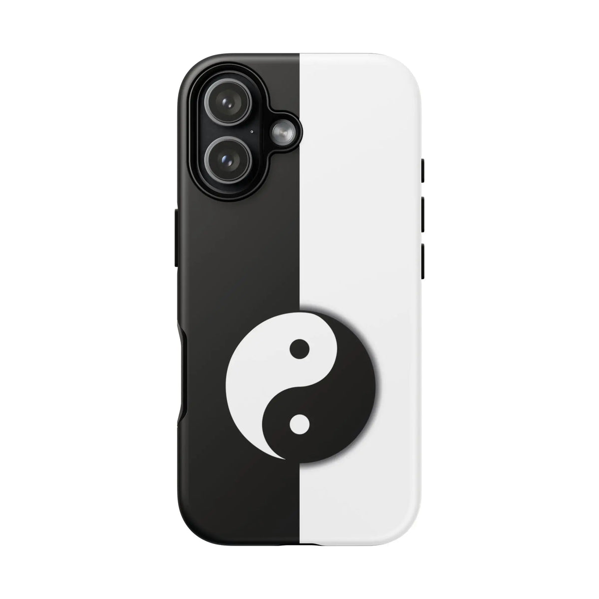 Black and white tough phone case with yin yang black centered on the split design showing the back side