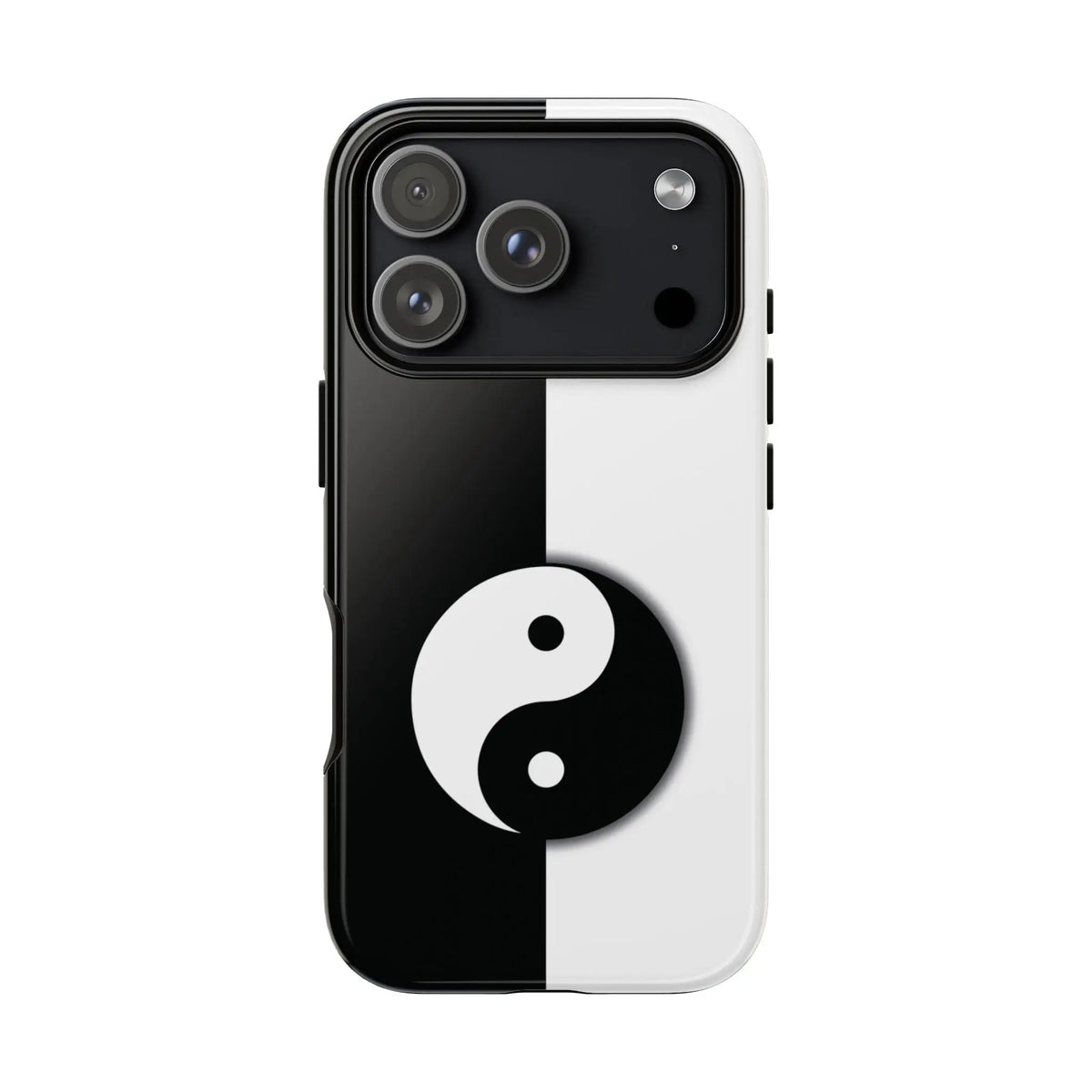 Black and white yin yang tough phone case with sleek minimalist design shown from the back side