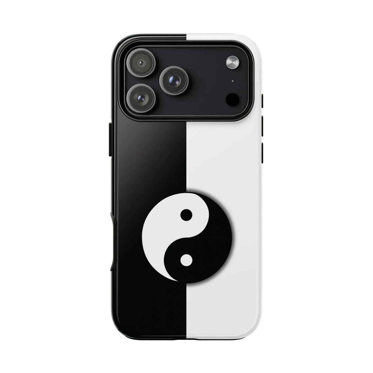 Back side of a sleek glossy yin yang black and white phone case for tough cases with durable protective design