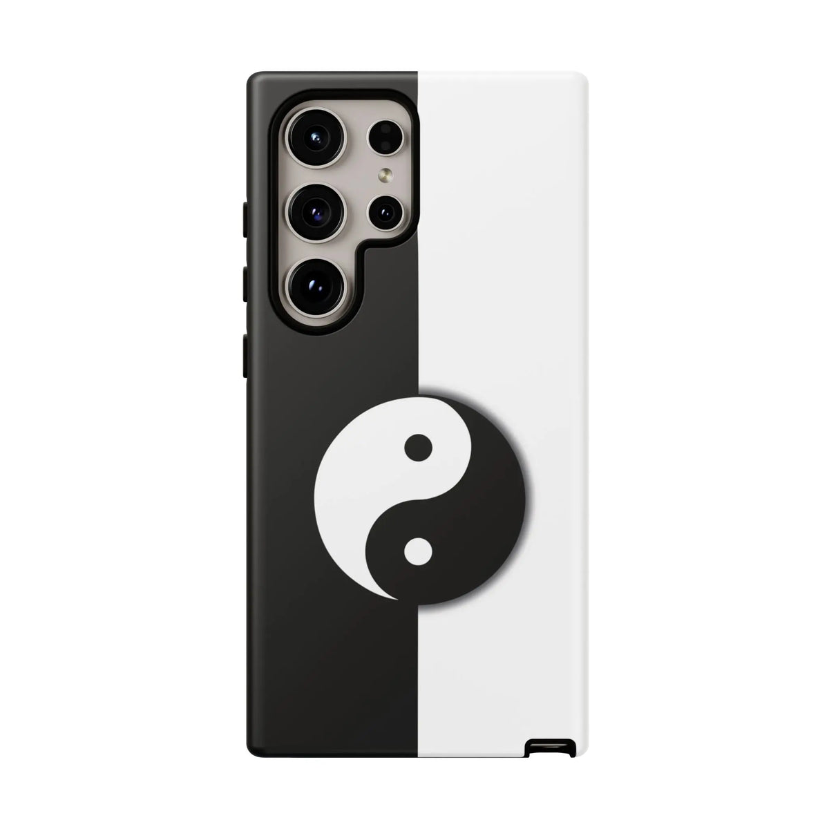 Back side of a tough yin yang black and white phone case featuring a centered yin yang symbol on a split design