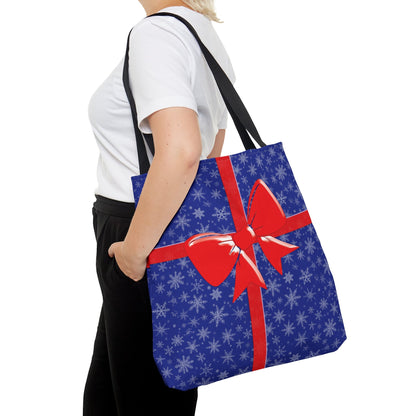 Tote Bag Blue with Red Bow Christmas Present Bags JSCHAFFA.com