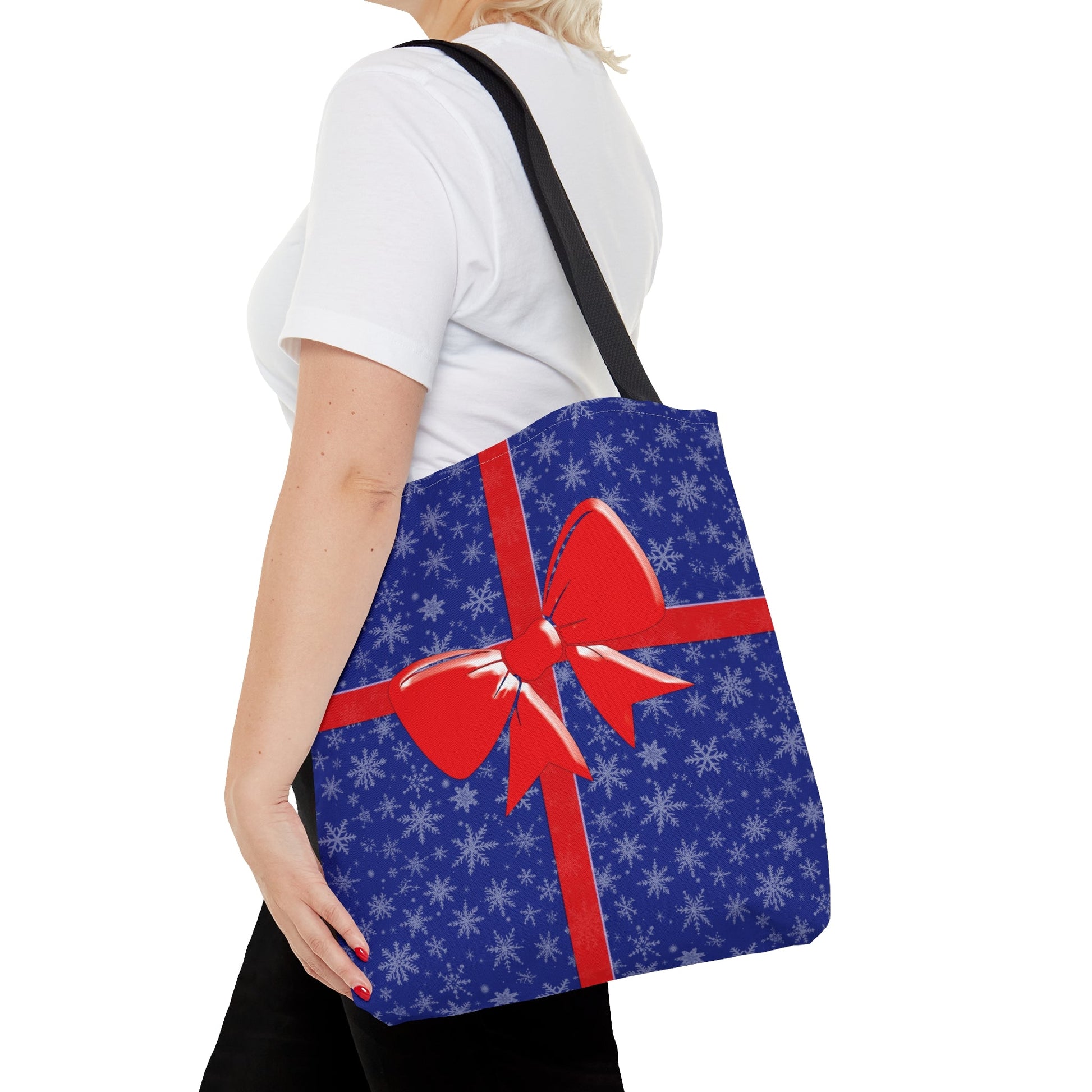 Tote Bag Blue with Red Bow Christmas Present Bags JSCHAFFA.com