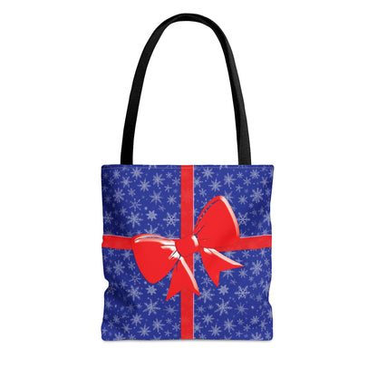 Tote Bag Blue with Red Bow Christmas Present Bags JSCHAFFA.com