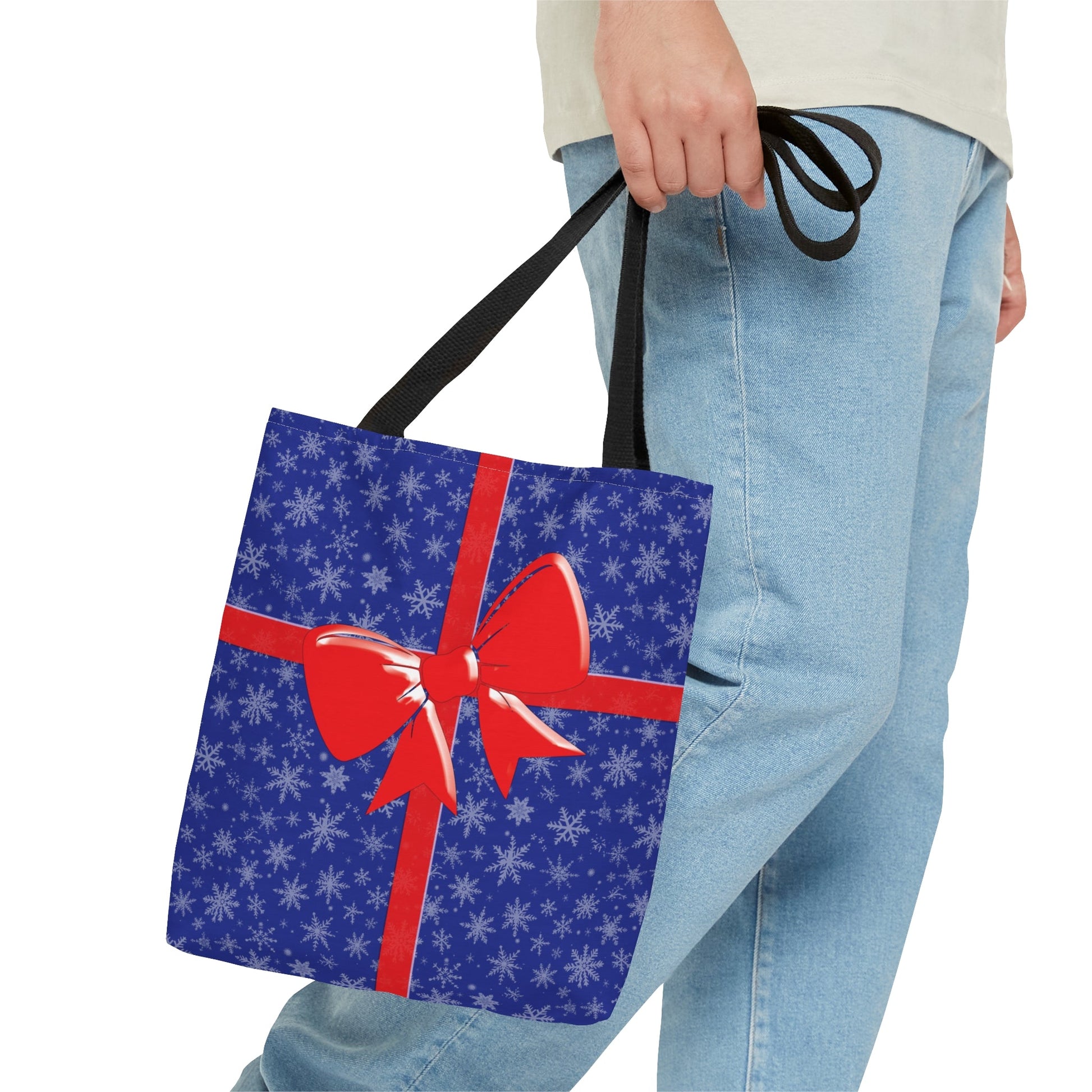 Tote Bag Blue with Red Bow Christmas Present Bags JSCHAFFA.com